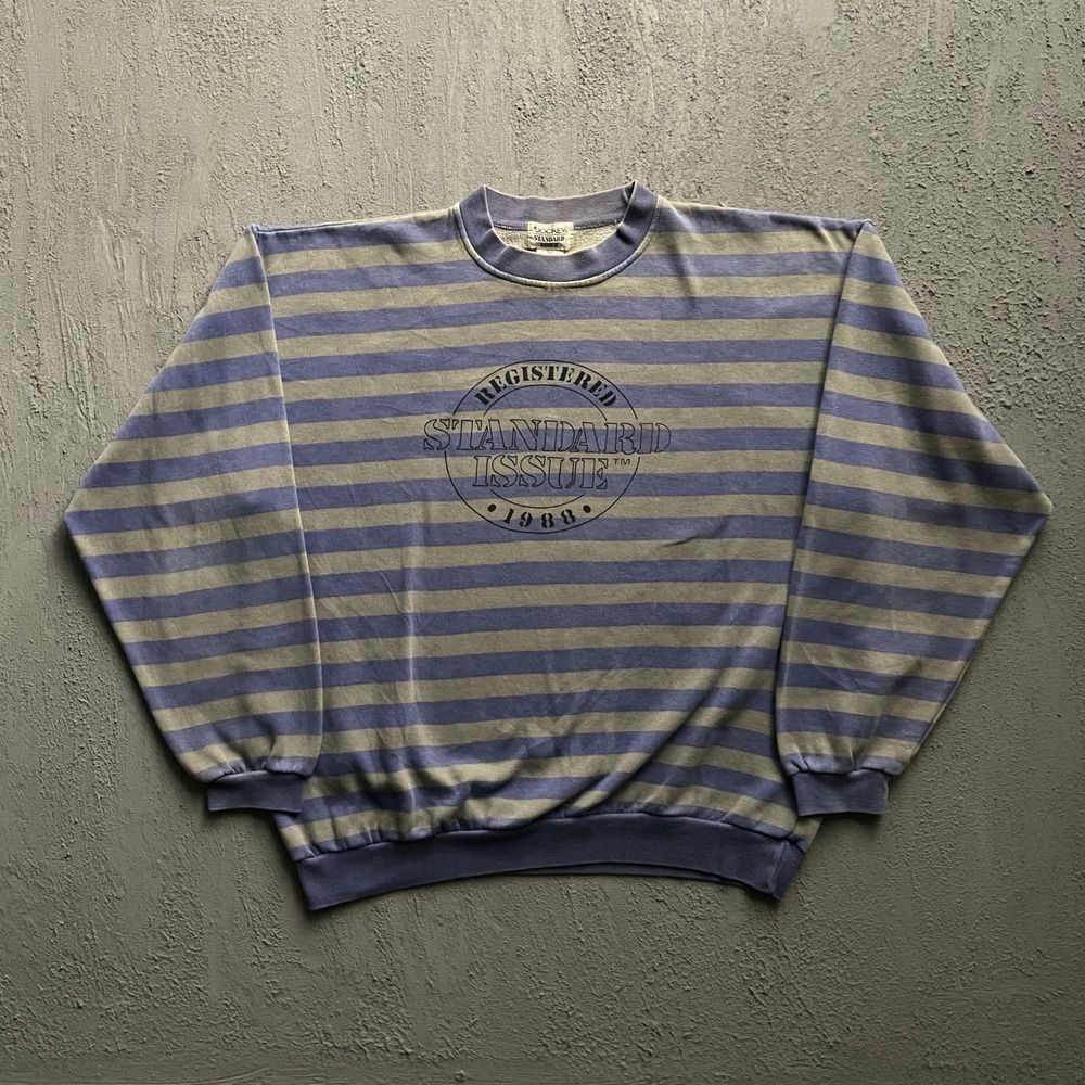 Vintage Striped Graphic Sweatshirt Men Large Blue Grey 80s Jockey Standard Issue